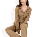 Brown Large Long Sleeve Button-Up Pajama Set with Piped Trim Details and Relaxed Fit