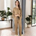 Brown Large Long Sleeve Button-Up Pajama Set with Piped Trim Details and Relaxed Fit