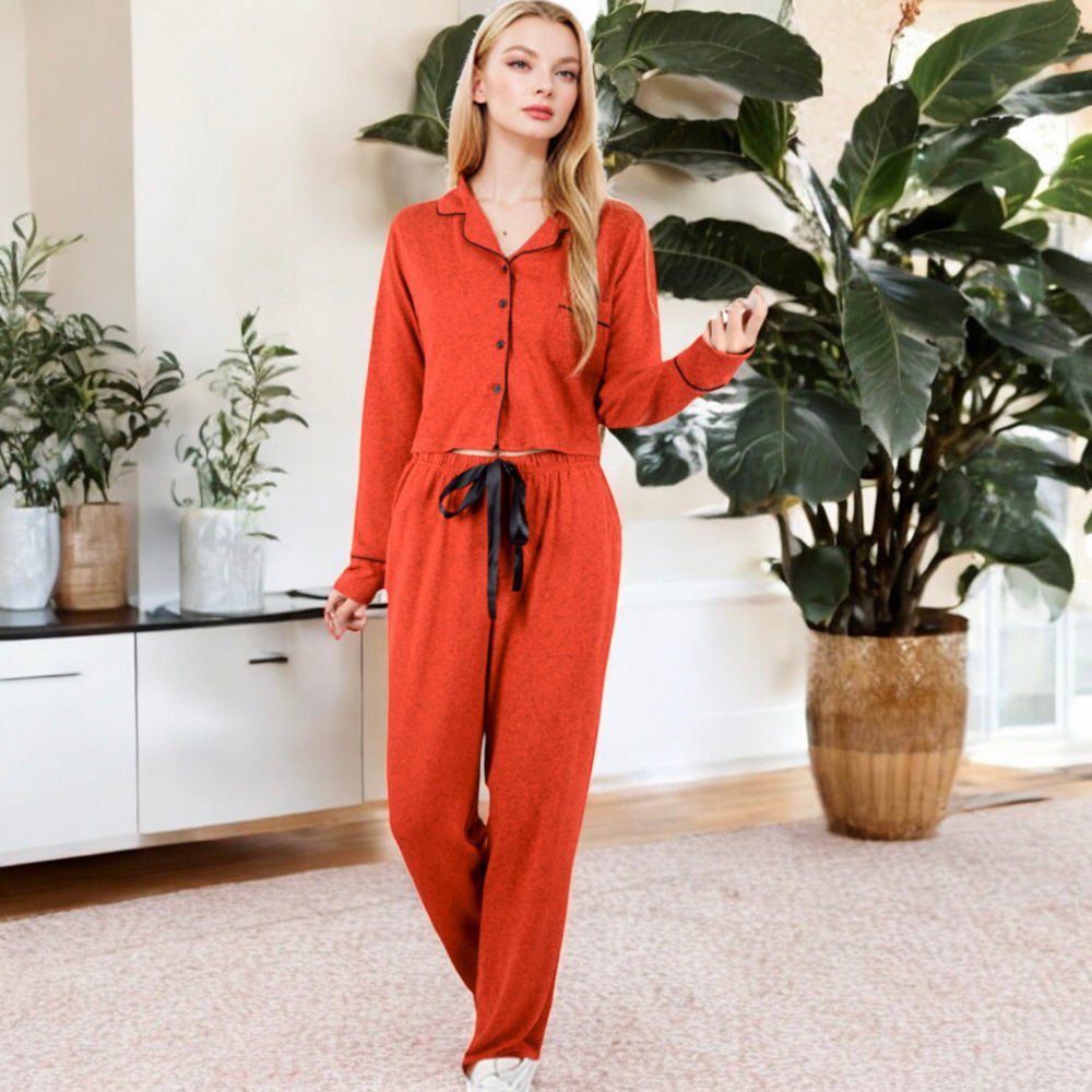 Long Sleeve Button-Up Pajama Set with Piped Trim Details and Relaxed Fit