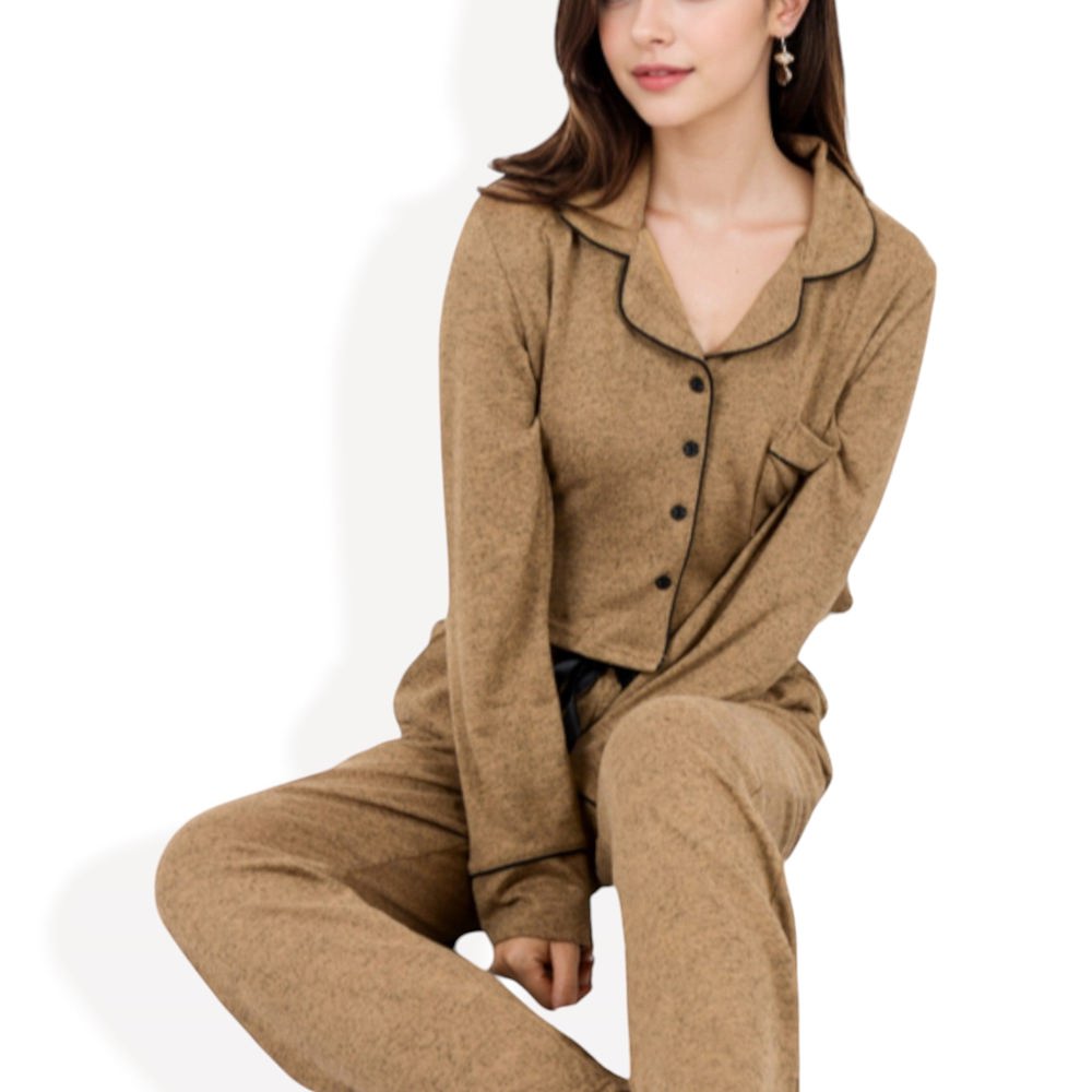 Long Sleeve Button-Up Pajama Set with Piped Trim Details and Relaxed Fit