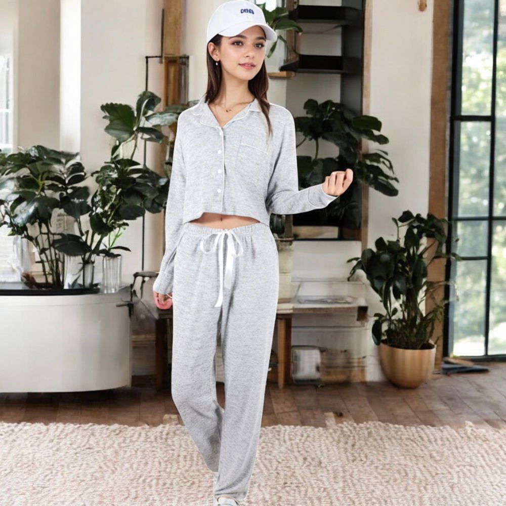 Long Sleeve Button-Up Pajama Set with Piped Trim Details and Relaxed Fit