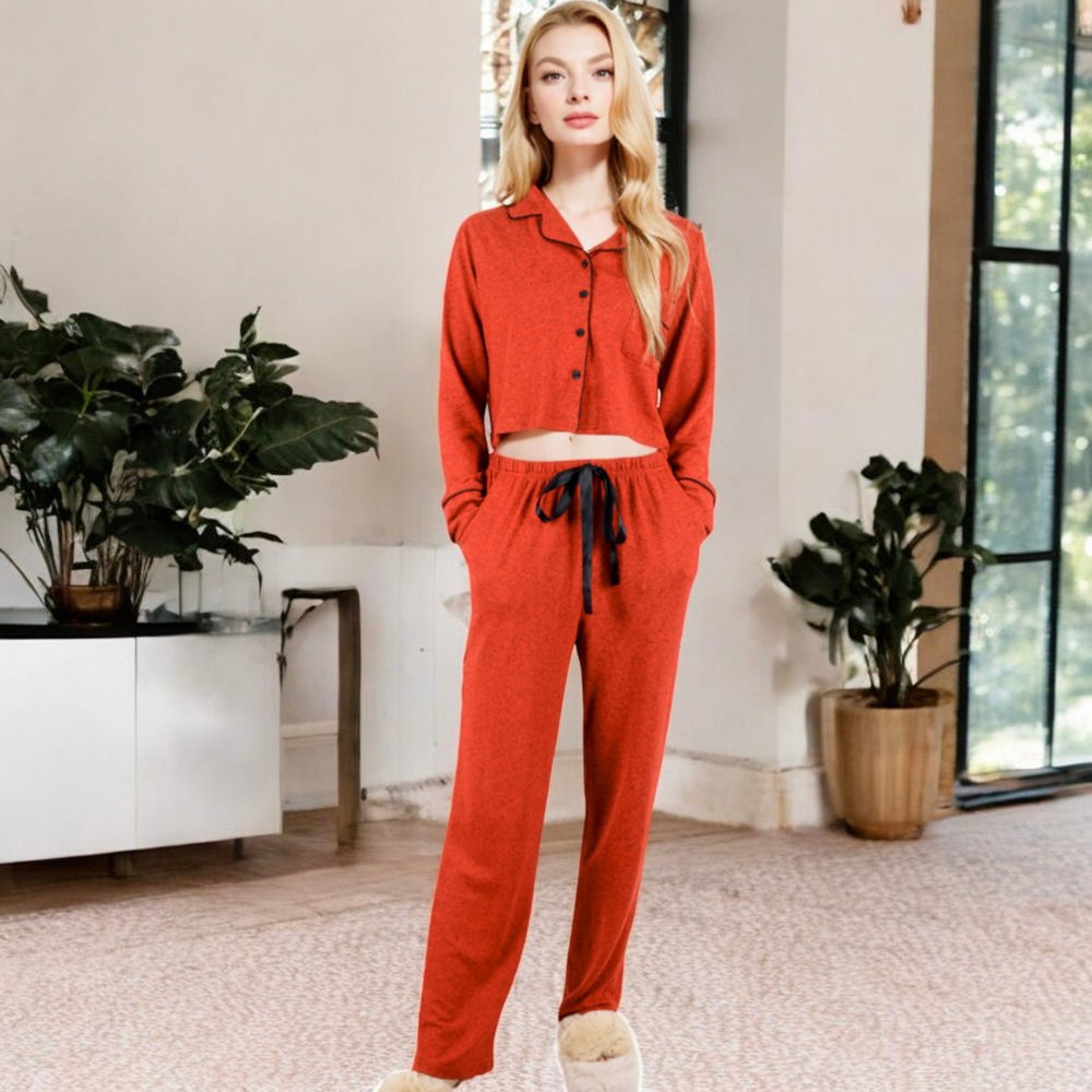 Long Sleeve Button-Up Pajama Set with Piped Trim Details and Relaxed Fit