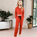 Red Large Long Sleeve Button-Up Pajama Set with Piped Trim Details and Relaxed Fit