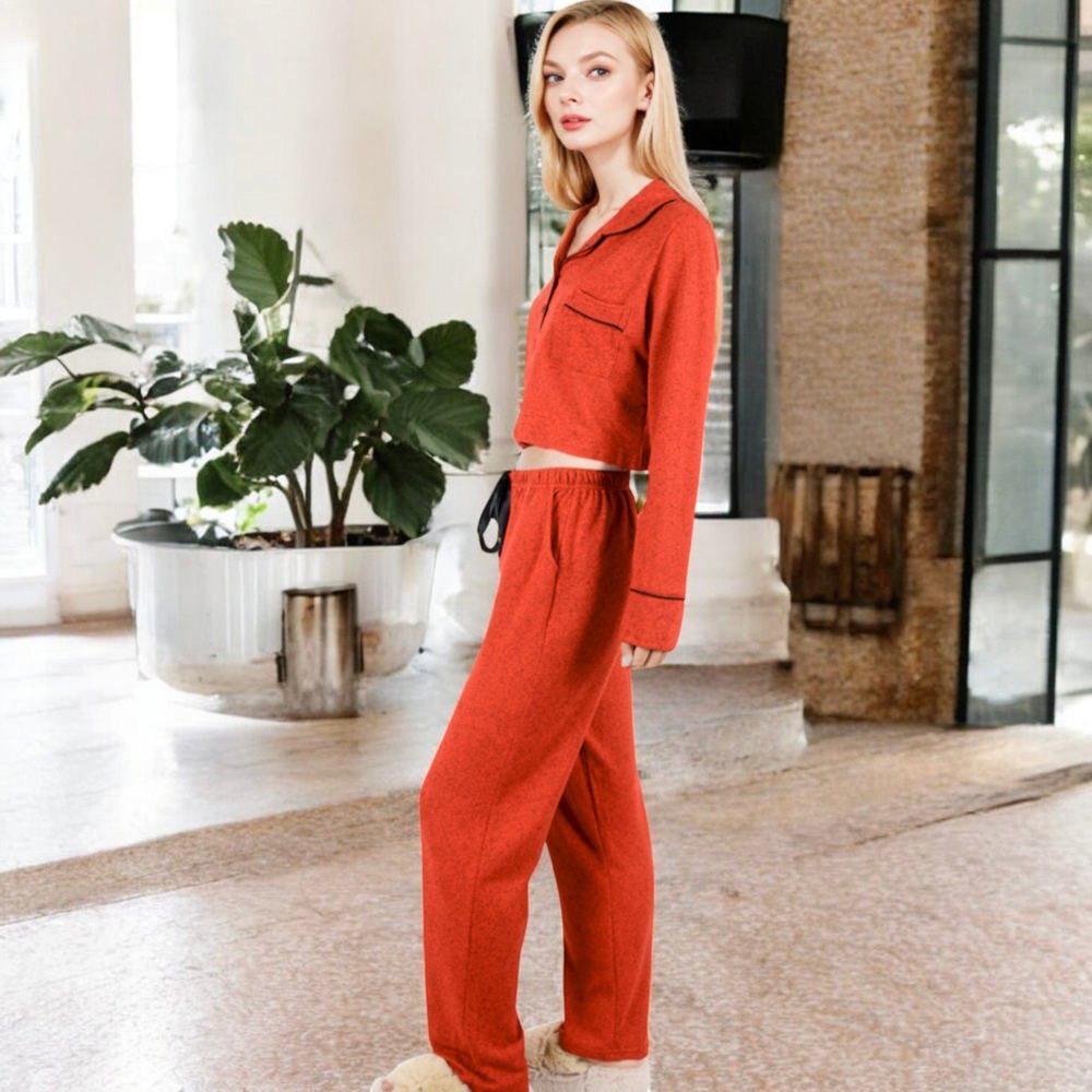 Long Sleeve Button-Up Pajama Set with Piped Trim Details and Relaxed Fit