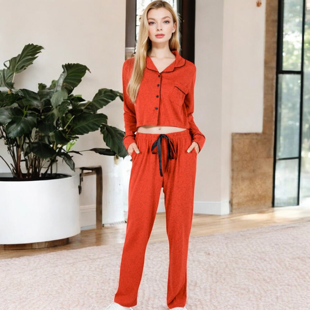 Long Sleeve Button-Up Pajama Set with Piped Trim Details and Relaxed Fit