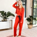 Red Large Long Sleeve Button-Up Pajama Set with Piped Trim Details and Relaxed Fit