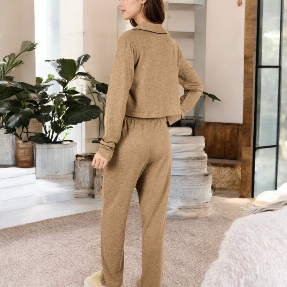 Long Sleeve Button-Up Pajama Set with Piped Trim Details and Relaxed Fit