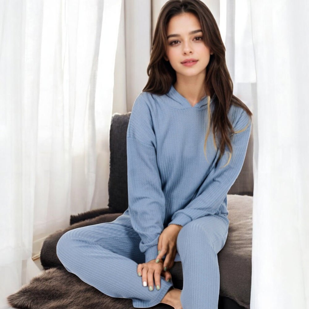 Waffle Knit Hoodie Lounge Set with Front Pocket and Relaxed Fit Pants