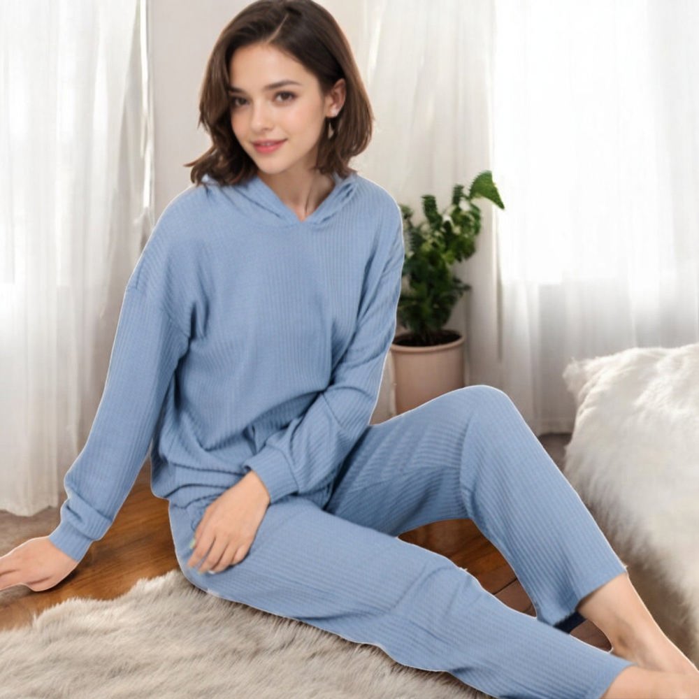 Waffle Knit Hoodie Lounge Set with Front Pocket and Relaxed Fit Pants