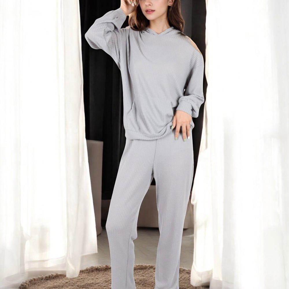 Waffle Knit Hoodie Lounge Set with Front Pocket and Relaxed Fit Pants