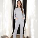 Gray Large Waffle Knit Hoodie Lounge Set with Front Pocket and Relaxed Fit Pants