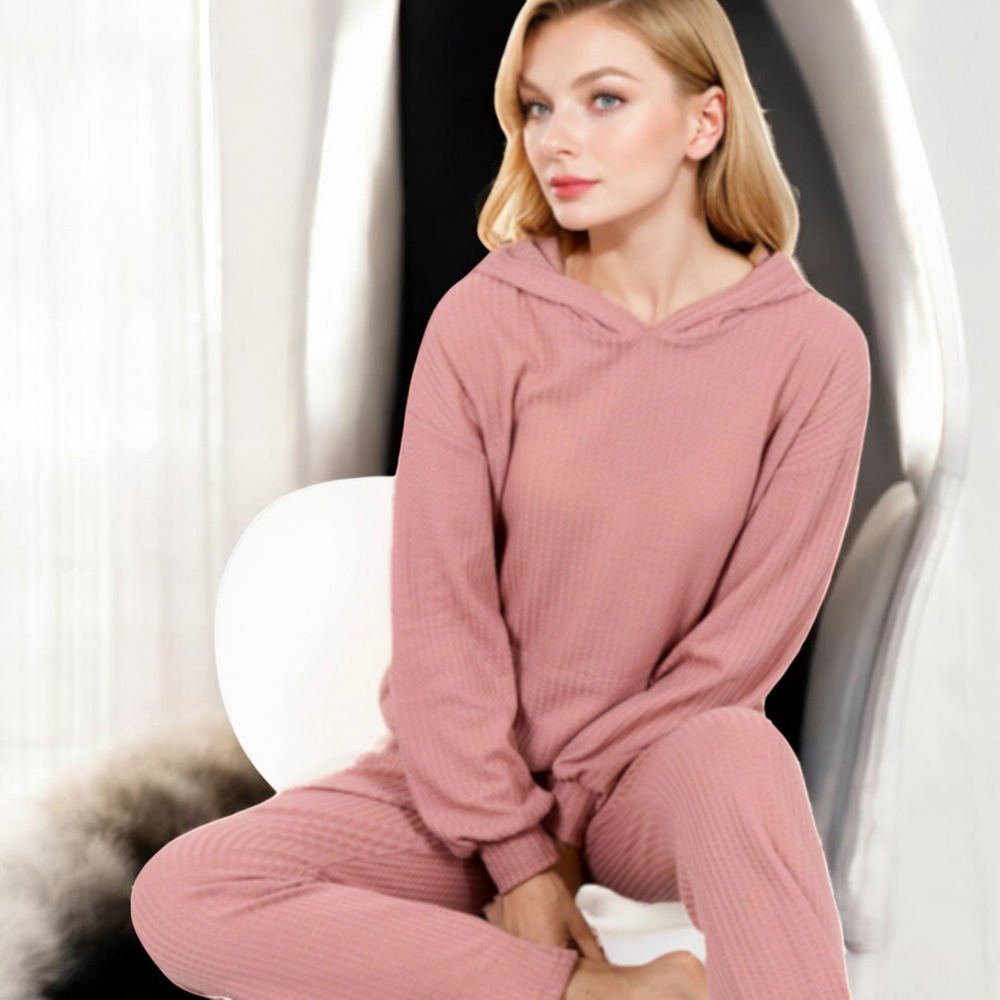 Waffle Knit Hoodie Lounge Set with Front Pocket and Relaxed Fit Pants