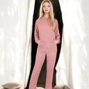 Pink Large Waffle Knit Hoodie Lounge Set with Front Pocket and Relaxed Fit Pants