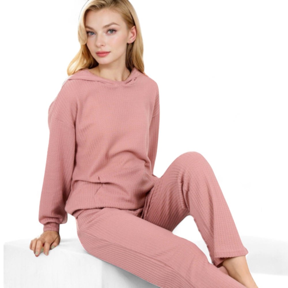 Waffle Knit Hoodie Lounge Set with Front Pocket and Relaxed Fit Pants