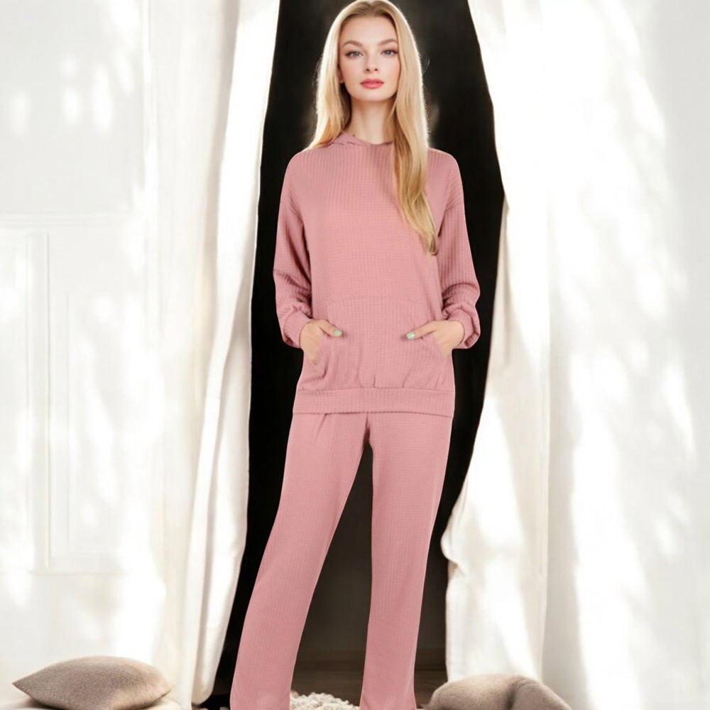 Waffle Knit Hoodie Lounge Set with Front Pocket and Relaxed Fit Pants