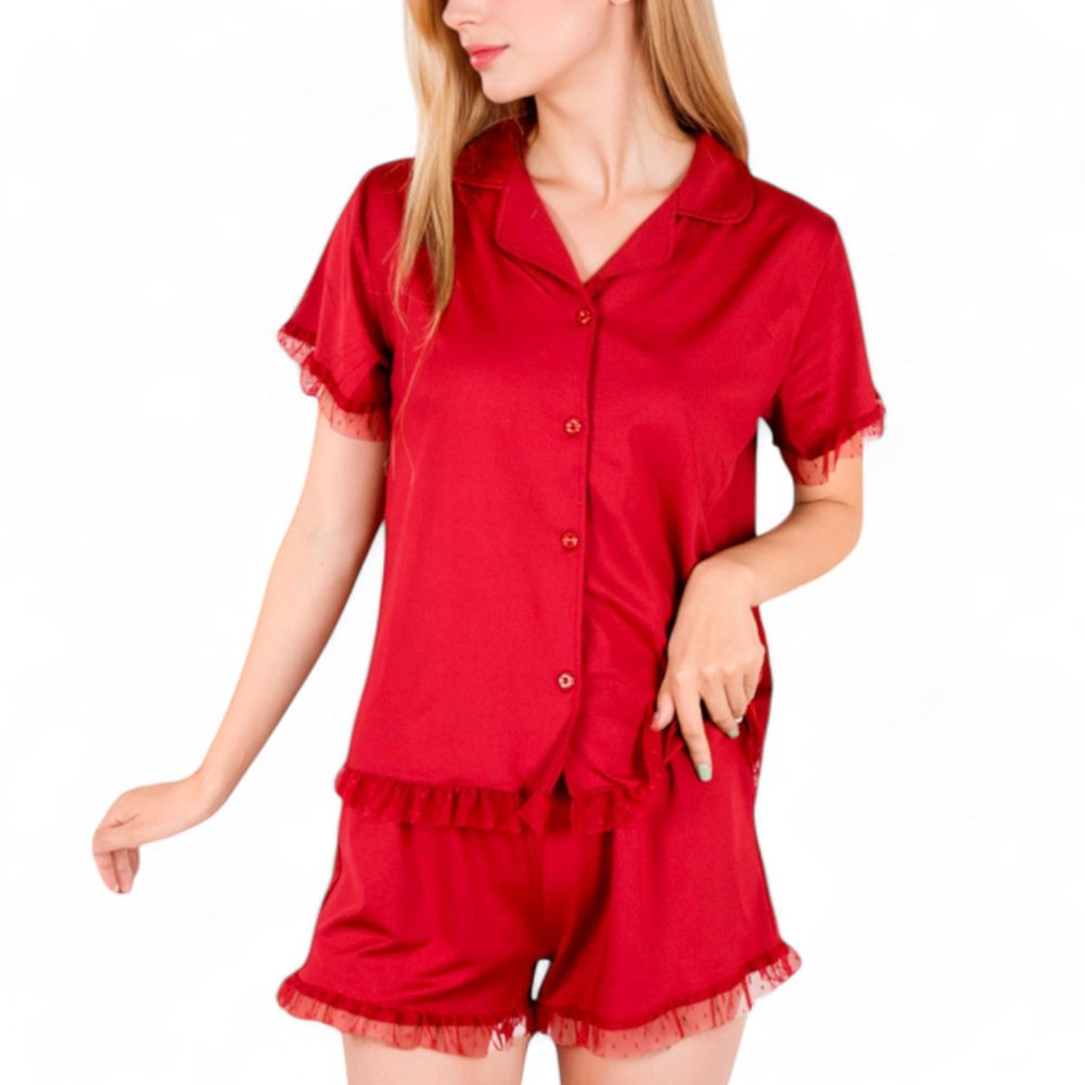 Button-Up Short Sleeve Pajama Set with Ruffled Trim and Shorts