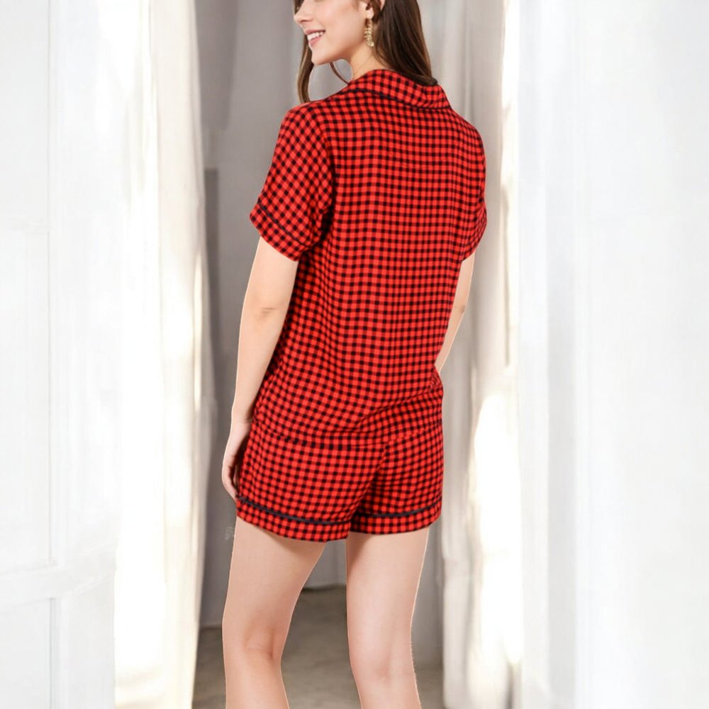 Short Sleeve Button-Up Plaid Pajama Set with Drawstring Shorts