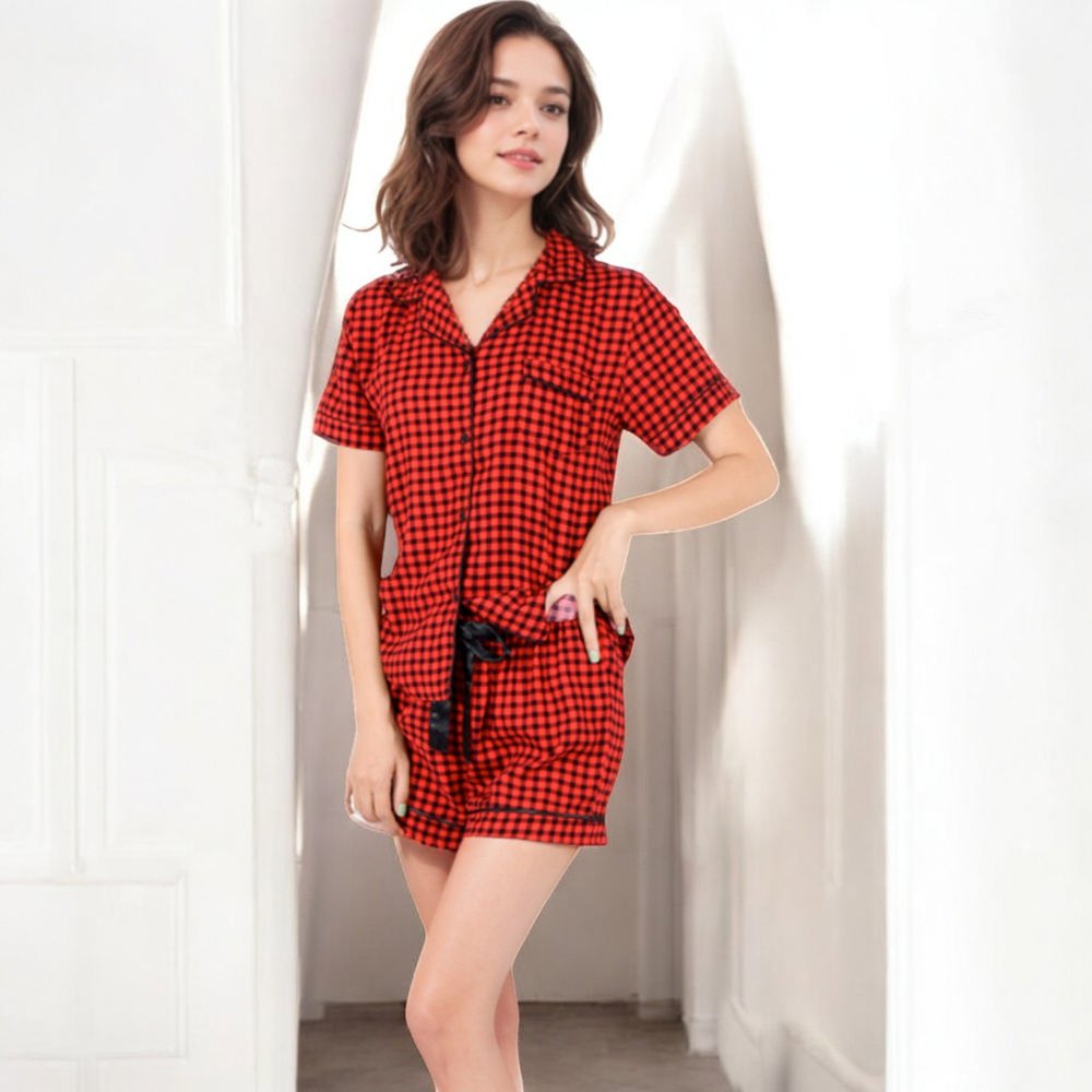 Short Sleeve Button-Up Plaid Pajama Set with Drawstring Shorts