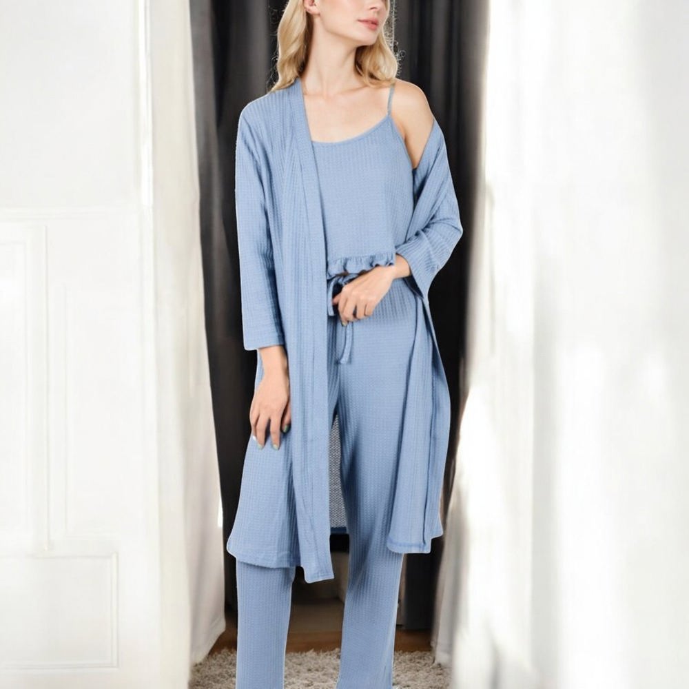 Three-Piece Loungewear Set with Long Cardigan, Tank, and Drawstring Pants