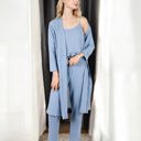 Blue Large Three-Piece Loungewear Set with Long Cardigan, Tank, and Drawstring Pants