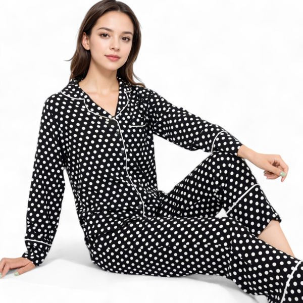 Polka Dot Long Sleeve Pajama Set with Button-Up Top and Drawstring Pants