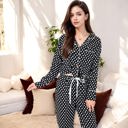 Black Large Polka Dot Long Sleeve Pajama Set with Button-Up Top and Drawstring Pants