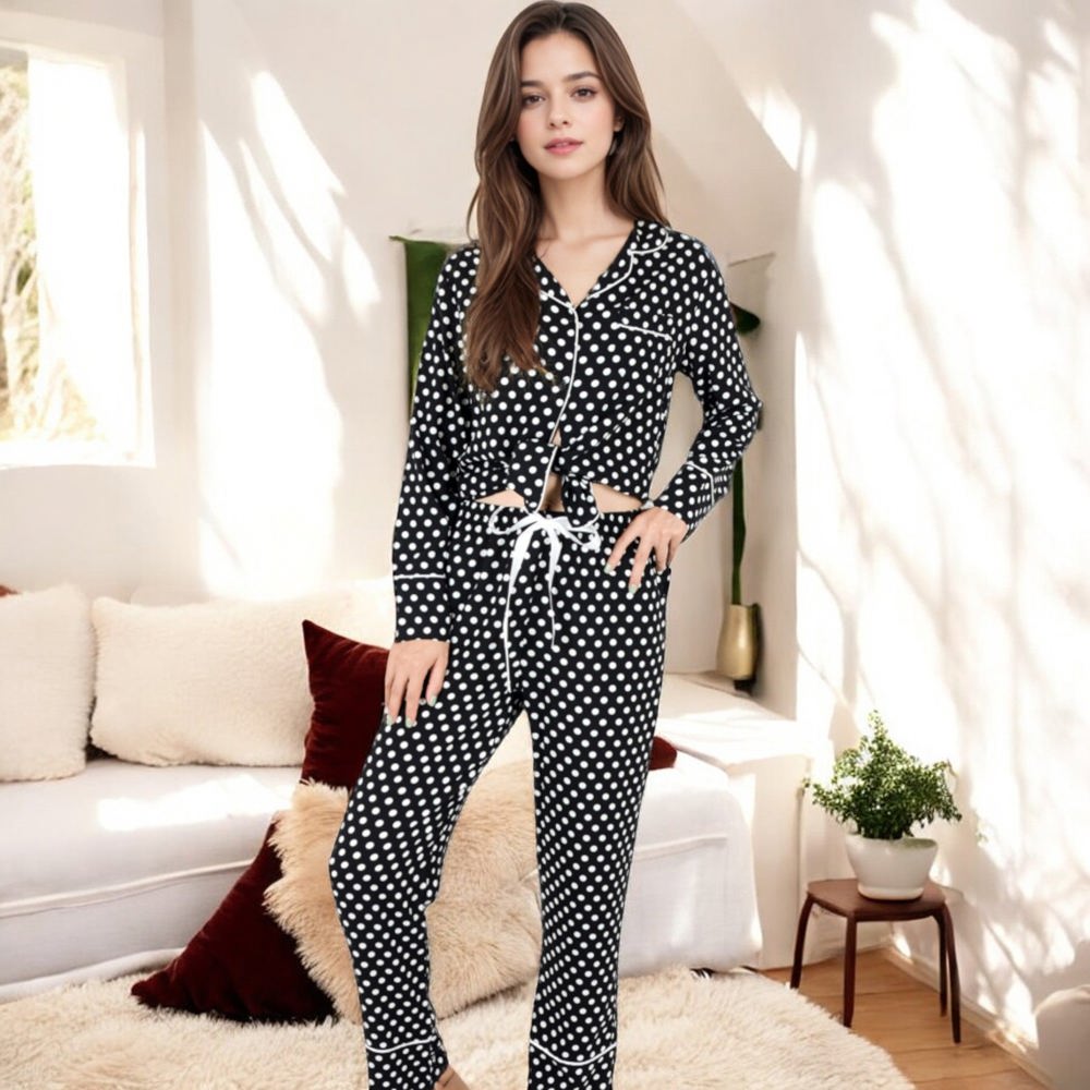 Polka Dot Long Sleeve Pajama Set with Button-Up Top and Drawstring Pants