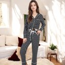 Black Large Polka Dot Long Sleeve Pajama Set with Button-Up Top and Drawstring Pants