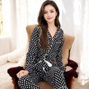 Black Large Polka Dot Long Sleeve Pajama Set with Button-Up Top and Drawstring Pants