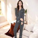 Black Small Polka Dot Long Sleeve Pajama Set with Button-Up Top and Drawstring Pants