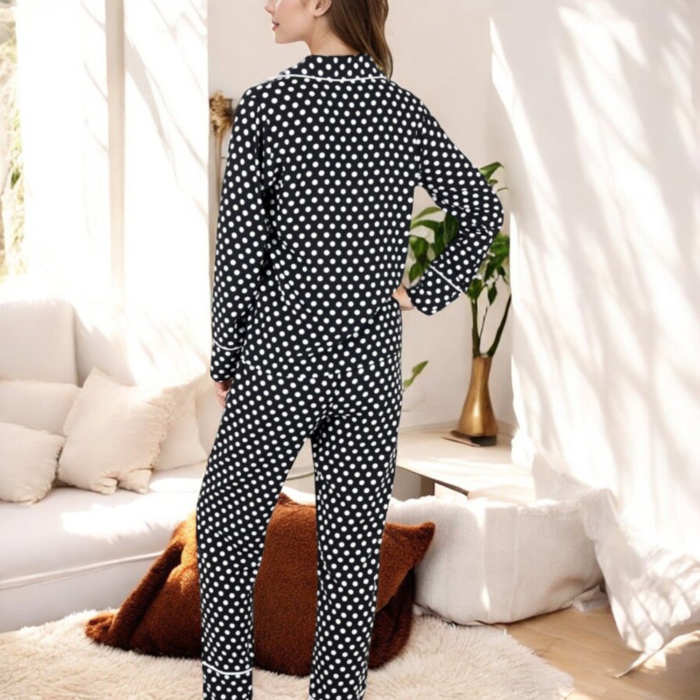 Polka Dot Long Sleeve Pajama Set with Button-Up Top and Drawstring Pants