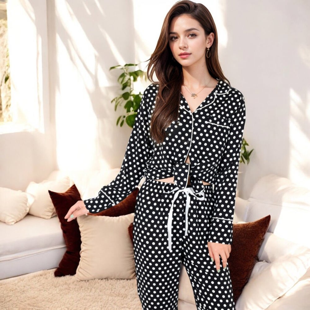 Polka Dot Long Sleeve Pajama Set with Button-Up Top and Drawstring Pants