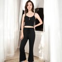 Black Large Ribbed Tank and Drawstring Pants Lounge Set with Lace Trim