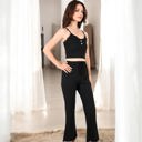 Black Large Ribbed Tank and Drawstring Pants Lounge Set with Lace Trim