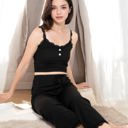 Black Large Ribbed Tank and Drawstring Pants Lounge Set with Lace Trim