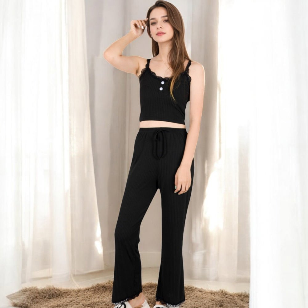 Ribbed Tank and Drawstring Pants Lounge Set with Lace Trim