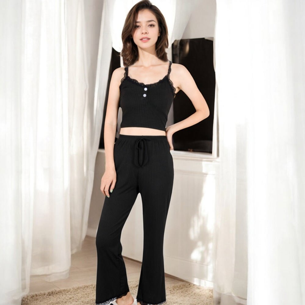 Ribbed Tank and Drawstring Pants Lounge Set with Lace Trim