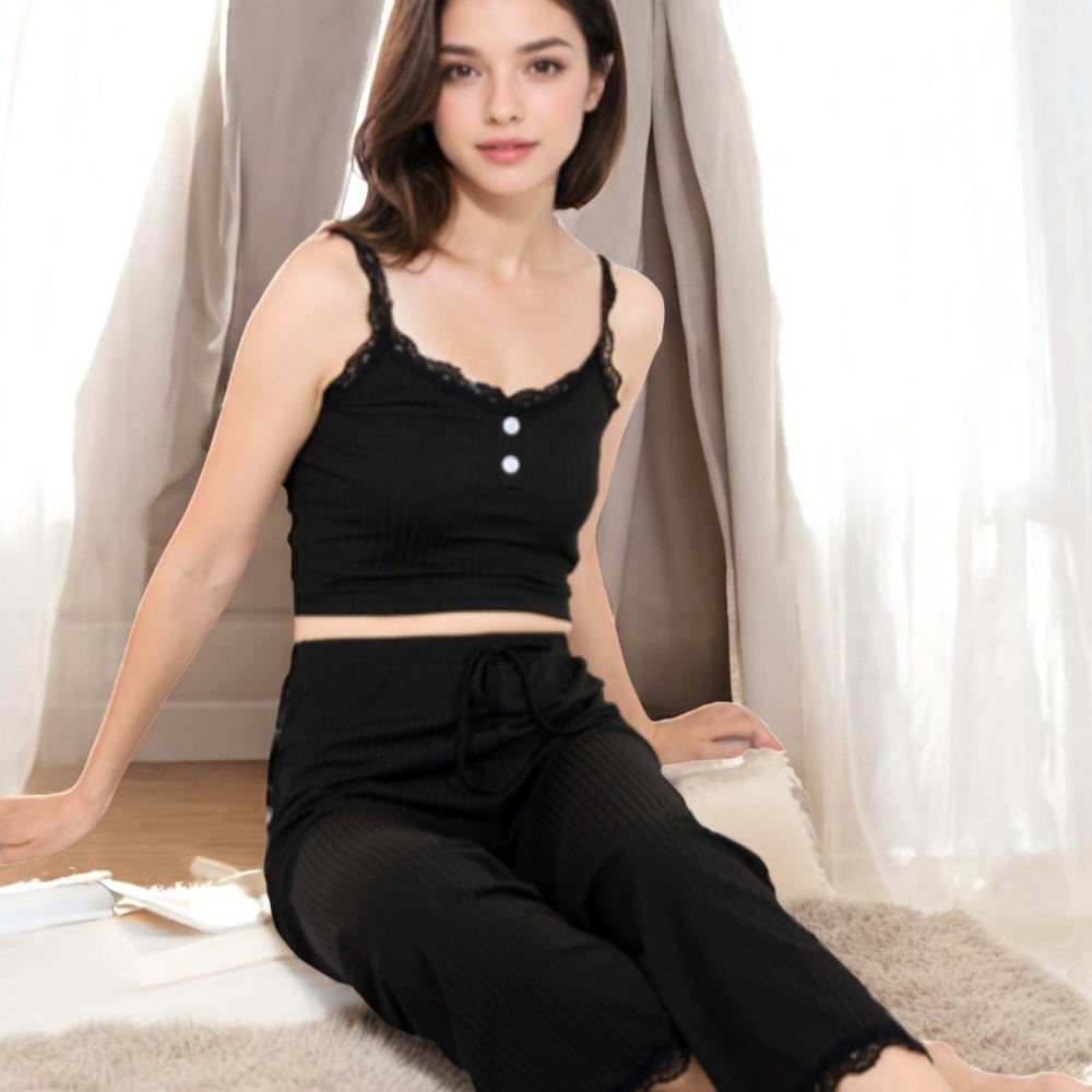 Ribbed Tank and Drawstring Pants Lounge Set with Lace Trim