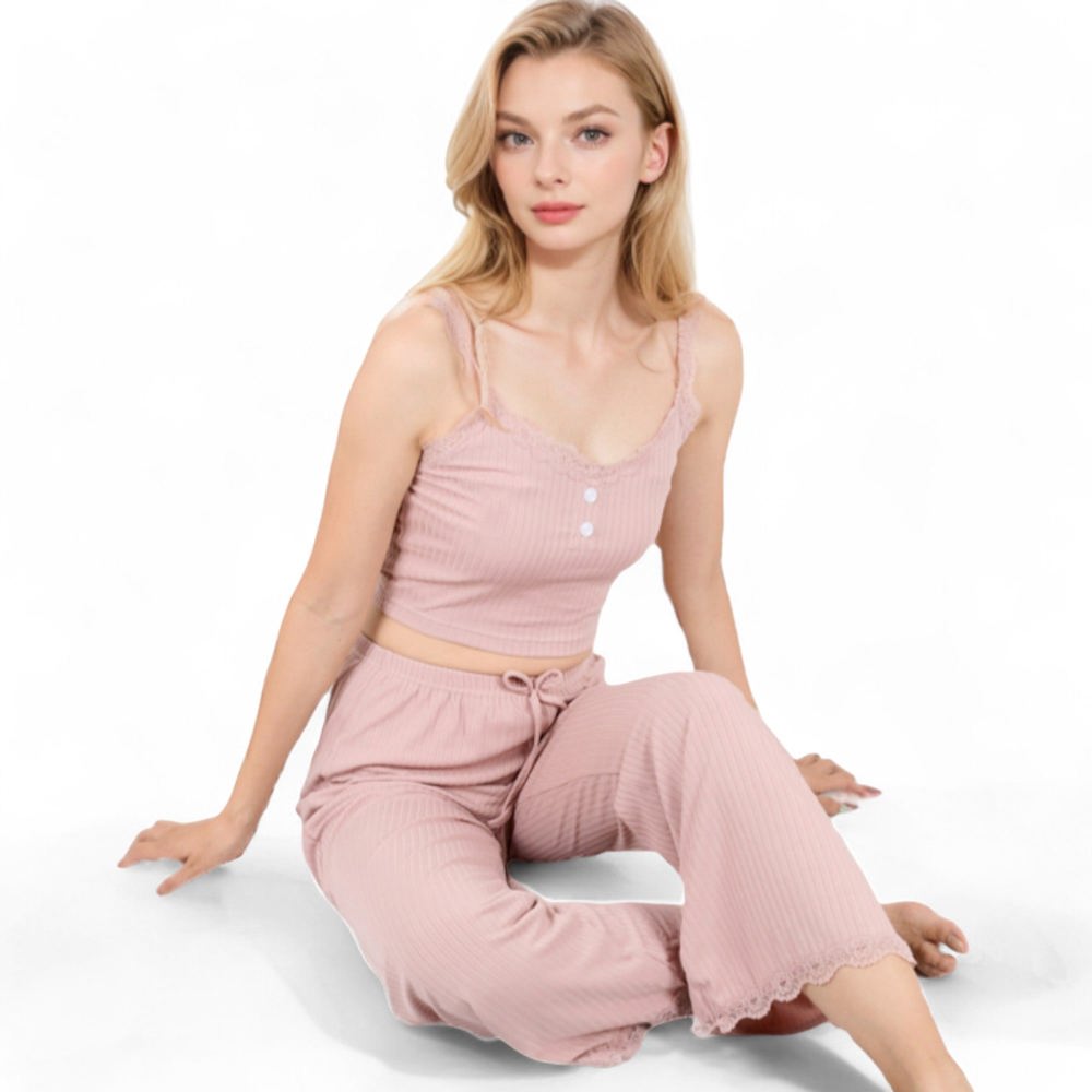 Ribbed Tank and Drawstring Pants Lounge Set with Lace Trim