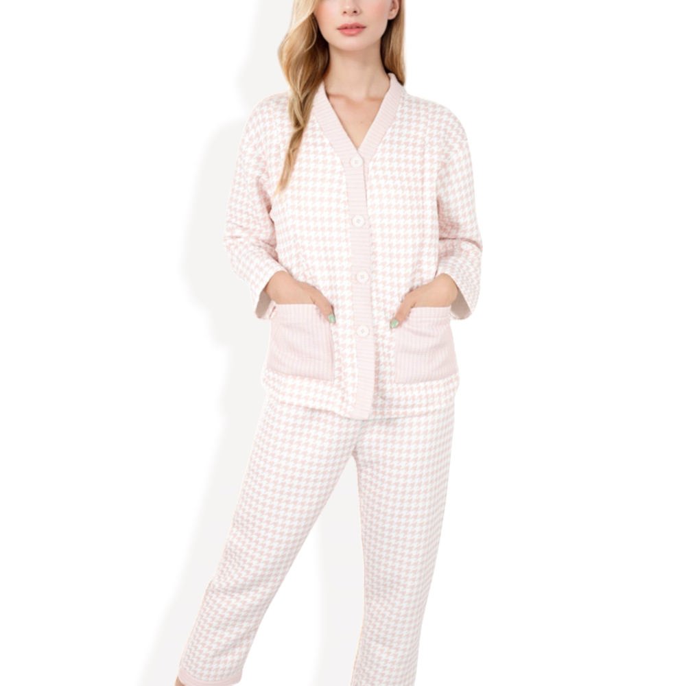 Houndstooth Pajama Set with Button-Up Top and Patch Pocket