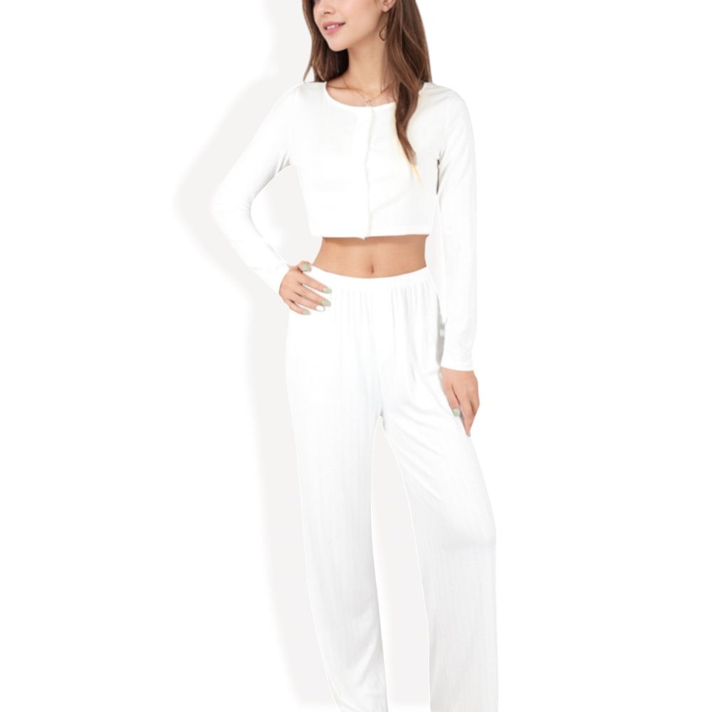 Cropped Long Sleeve Lounge Set with High Waist Pants