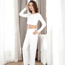 White Large Cropped Long Sleeve Lounge Set with High Waist Pants