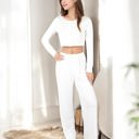 White Large Cropped Long Sleeve Lounge Set with High Waist Pants