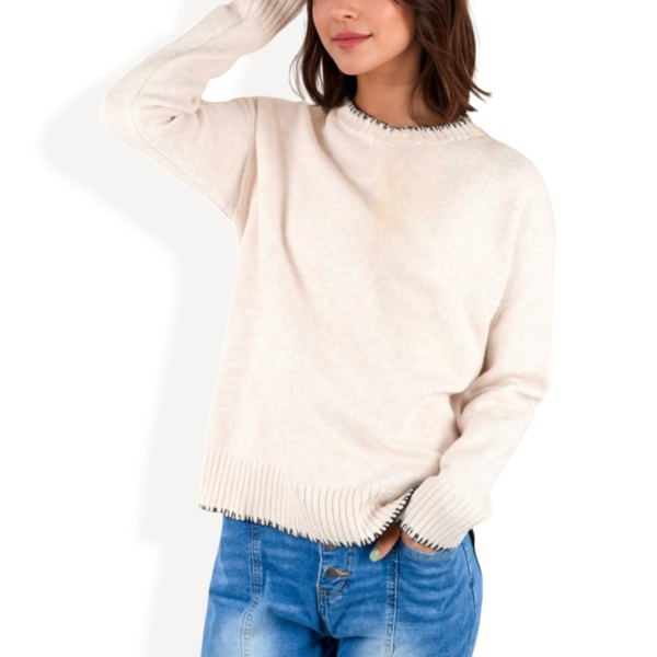 Crew Neck Long Sleeve Knit Sweater with Contrast Trim and Ribbed Hem