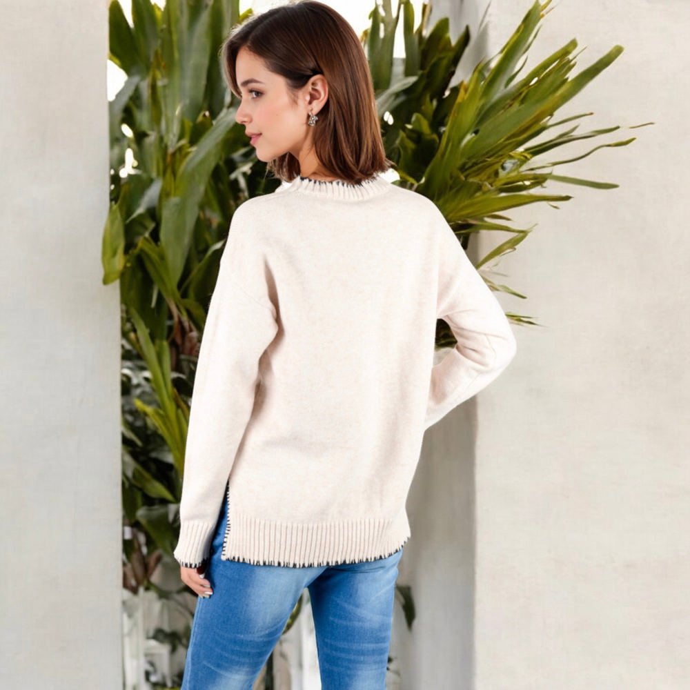 Crew Neck Long Sleeve Knit Sweater with Contrast Trim and Ribbed Hem