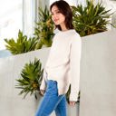 Beige Medium Crew Neck Long Sleeve Knit Sweater with Contrast Trim and Ribbed Hem