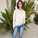 Beige Medium Crew Neck Long Sleeve Knit Sweater with Contrast Trim and Ribbed Hem