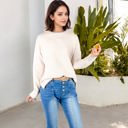 Beige Medium Crew Neck Long Sleeve Knit Sweater with Contrast Trim and Ribbed Hem