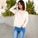 Beige Medium Crew Neck Long Sleeve Knit Sweater with Contrast Trim and Ribbed Hem