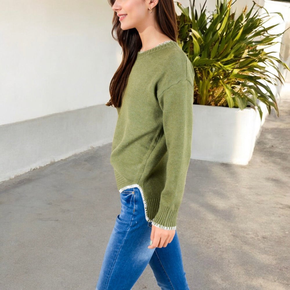 Crew Neck Long Sleeve Knit Sweater with Contrast Trim and Ribbed Hem